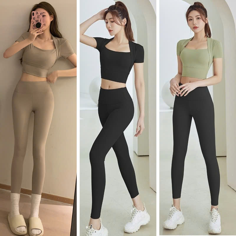 Đồ tập gym yoga nữ bộ tập tay ngắn, áo tập gym nữ phối cổ vuôn, quần tập legging